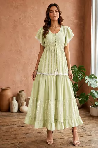Mustard  white floral embroidery & lace work  cotton blend fabric  tiered fit & flare maxi style