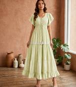 Mustard  white floral embroidery & lace work  cotton blend fabric  tiered fit & flare maxi style