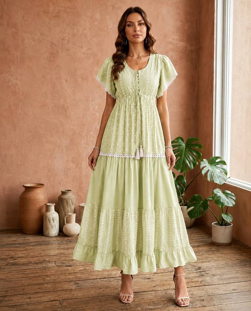 Mustard  white floral embroidery & lace work  cotton blend fabric  tiered fit & flare maxi style