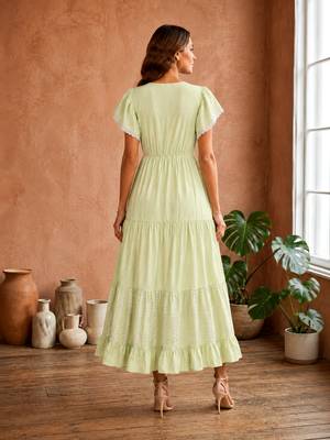 Mustard  white floral embroidery & lace work  cotton blend fabric  tiered fit & flare maxi style 2