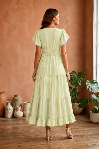 Mustard  white floral embroidery & lace work  cotton blend fabric  tiered fit & flare maxi style