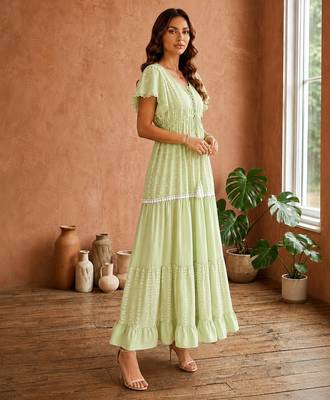 Mustard  white floral embroidery & lace work  cotton blend fabric  tiered fit & flare maxi style 3
