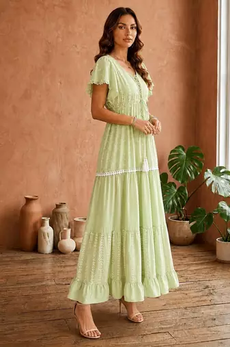 Mustard  white floral embroidery & lace work  cotton blend fabric  tiered fit & flare maxi style