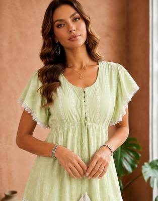 Mustard  white floral embroidery & lace work  cotton blend fabric  tiered fit & flare maxi style 4