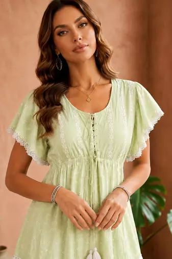 Mustard  white floral embroidery & lace work  cotton blend fabric  tiered fit & flare maxi style