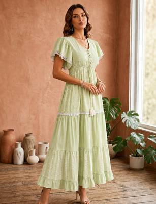 Mustard  white floral embroidery & lace work  cotton blend fabric  tiered fit & flare maxi style 5