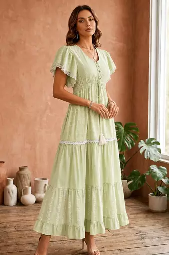 Mustard  white floral embroidery & lace work  cotton blend fabric  tiered fit & flare maxi style