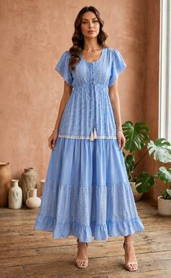 Light blue  white floral embroidery & lace work  cotton blend fabric  tiered fit & flare maxi style 1