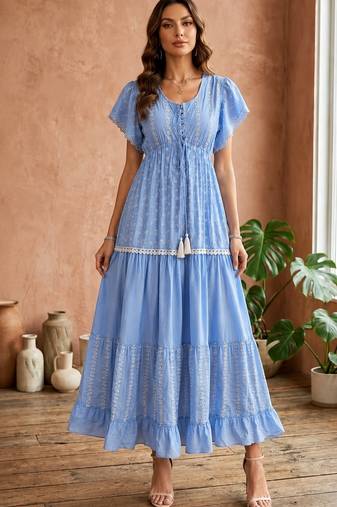 Light blue  white floral embroidery & lace work  cotton blend fabric  tiered fit & flare maxi style
