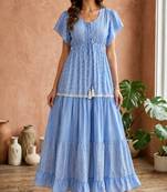 Light blue  white floral embroidery & lace work  cotton blend fabric  tiered fit & flare maxi style