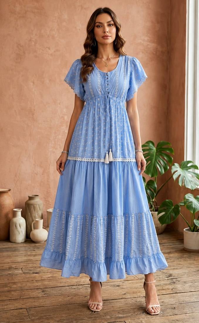 Light blue  white floral embroidery & lace work  cotton blend fabric  tiered fit & flare maxi style