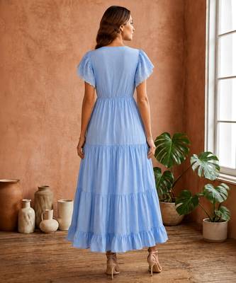 Light blue  white floral embroidery & lace work  cotton blend fabric  tiered fit & flare maxi style 2