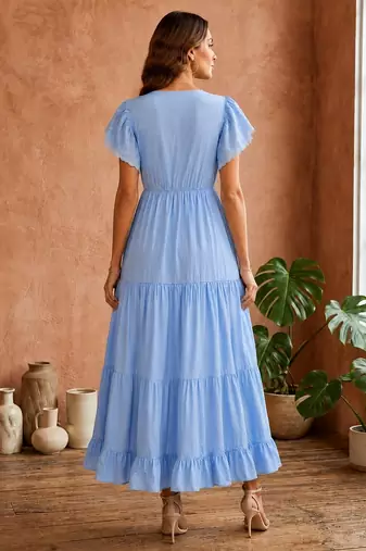 Light blue  white floral embroidery & lace work  cotton blend fabric  tiered fit & flare maxi style