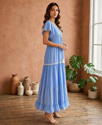 Light blue  white floral embroidery & lace work  cotton blend fabric  tiered fit & flare maxi style 3