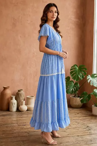 Light blue  white floral embroidery & lace work  cotton blend fabric  tiered fit & flare maxi style
