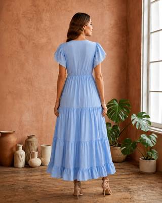 Light blue  white floral embroidery & lace work  cotton blend fabric  tiered fit & flare maxi style 4
