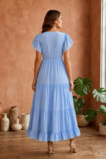 Light blue  white floral embroidery & lace work  cotton blend fabric  tiered fit & flare maxi style