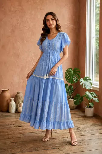 Light blue  white floral embroidery & lace work  cotton blend fabric  tiered fit & flare maxi style