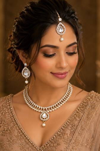 White agate stone necklace set with earrings and maang tikka (gold plated)