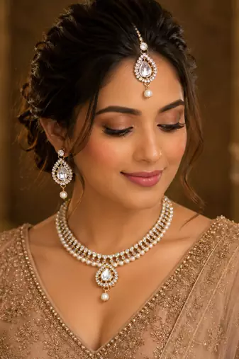 White agate stone necklace set with earrings and maang tikka (gold plated)