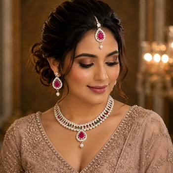 Maroon, green, and white agate stone necklace set with earrings and maang tikka (gold plated) 1