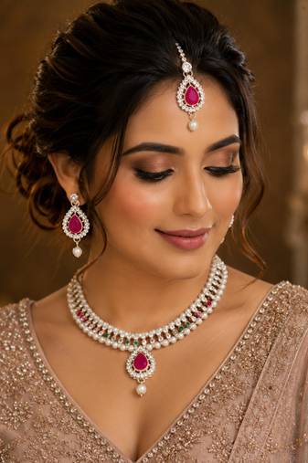 Maroon, green, and white agate stone necklace set with earrings and maang tikka (gold plated)