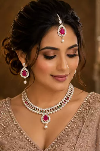 Maroon, green, and white agate stone necklace set with earrings and maang tikka (gold plated)
