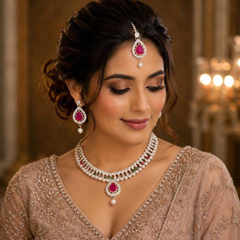 Maroon, green, and white agate stone necklace set with earrings and maang tikka (gold plated)