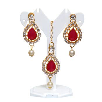 Maroon, green, and white agate stone necklace set with earrings and maang tikka (gold plated) 3