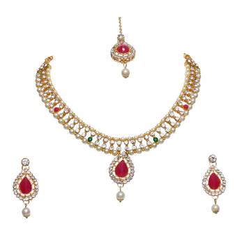 Maroon, green, and white agate stone necklace set with earrings and maang tikka (gold plated) 4