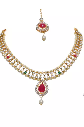 Maroon, green, and white agate stone necklace set with earrings and maang tikka (gold plated)