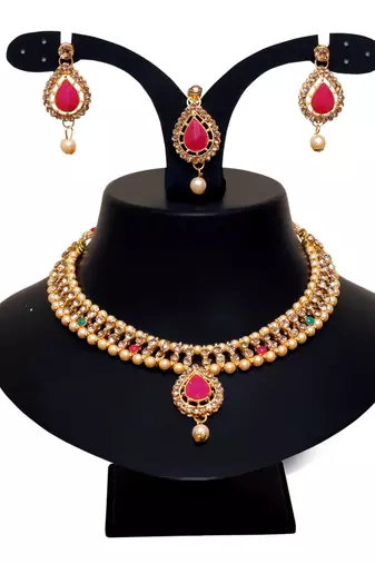 Maroon, green, and lct agate stone necklace set with earrings and maang tikka (gold plated)