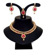 Maroon, green, and lct agate stone necklace set with earrings and maang tikka (gold plated)