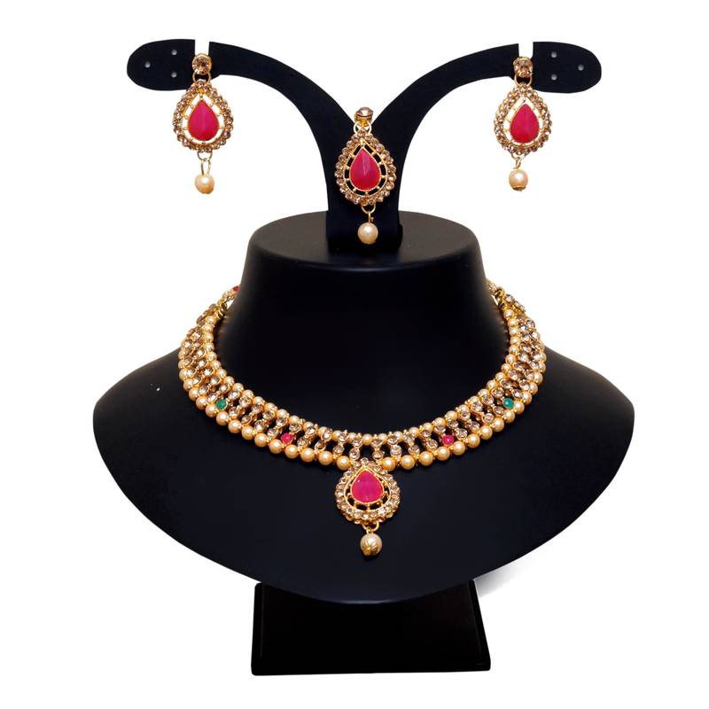 Maroon, green, and lct agate stone necklace set with earrings and maang tikka (gold plated)