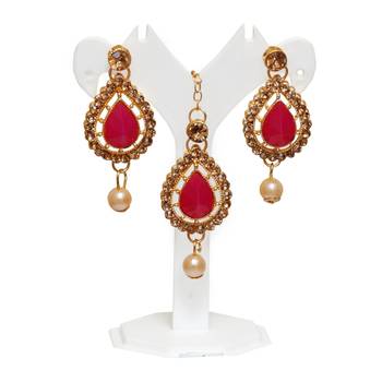 Maroon, green, and lct agate stone necklace set with earrings and maang tikka (gold plated) 2