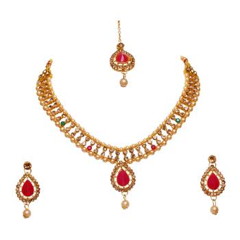 Maroon, green, and lct agate stone necklace set with earrings and maang tikka (gold plated) 3