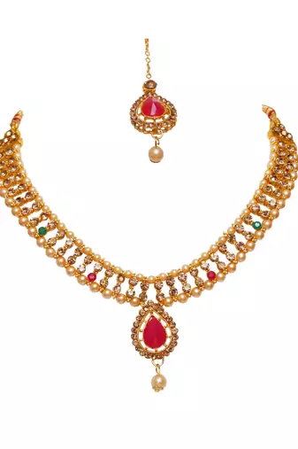 Maroon, green, and lct agate stone necklace set with earrings and maang tikka (gold plated)