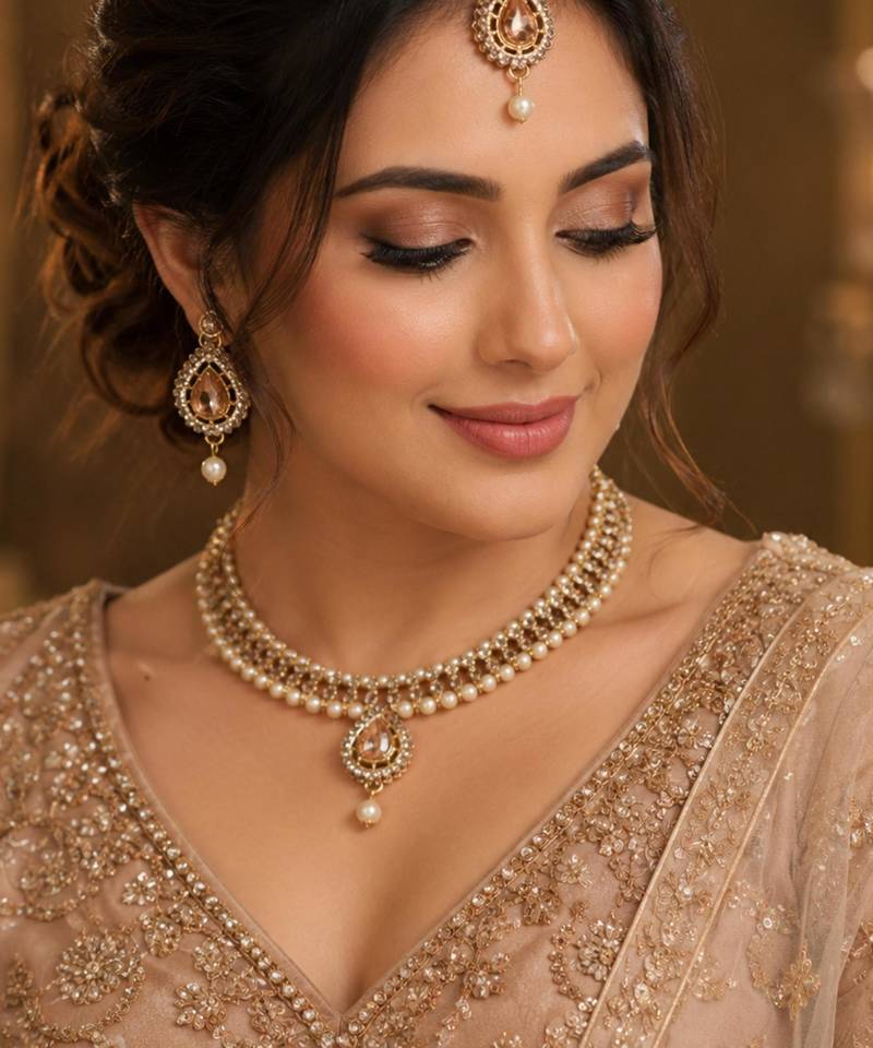 Lct agate stone necklace set with earrings and maang tikka (gold plated)