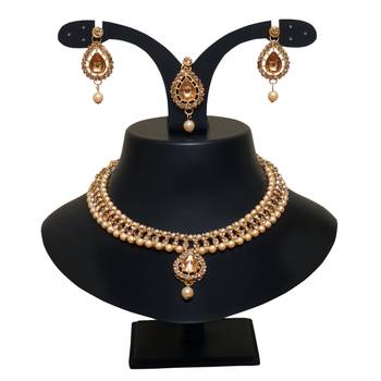 Lct agate stone necklace set with earrings and maang tikka (gold plated) 2