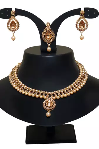 Lct agate stone necklace set with earrings and maang tikka (gold plated)