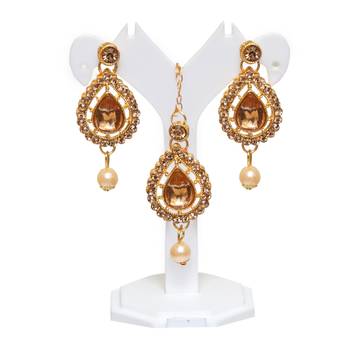 Lct agate stone necklace set with earrings and maang tikka (gold plated) 3