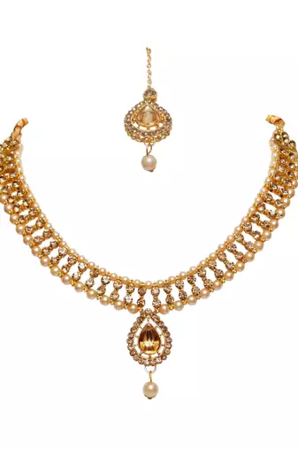 Lct agate stone necklace set with earrings and maang tikka (gold plated)