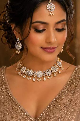White agate stone necklace set with earrings and maang tikka (gold plated)