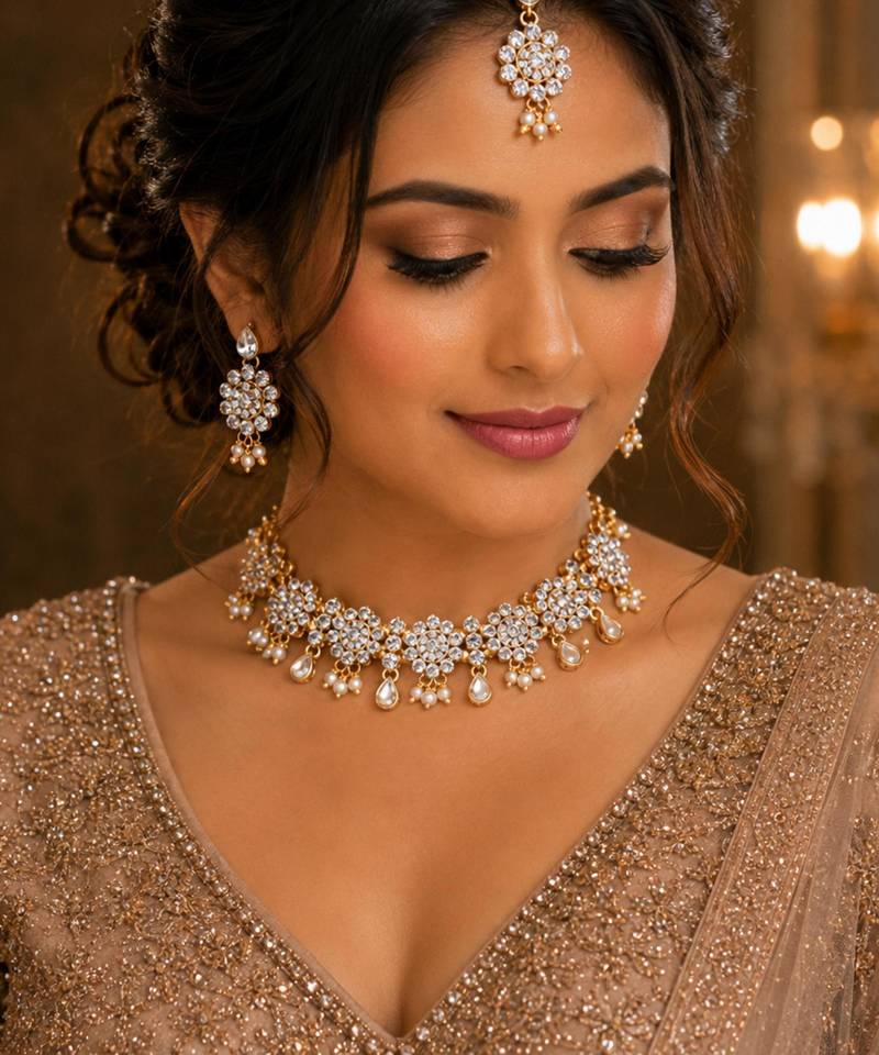 White agate stone necklace set with earrings and maang tikka (gold plated)