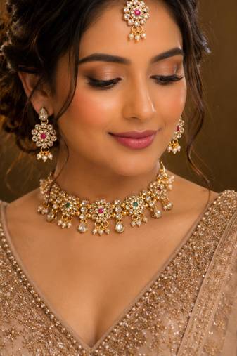 Maroon, green, and white agate stone necklace set with earrings and maang tikka (gold plated)