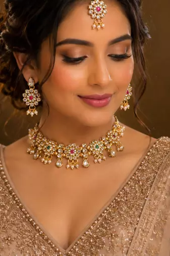 Maroon, green, and white agate stone necklace set with earrings and maang tikka (gold plated)