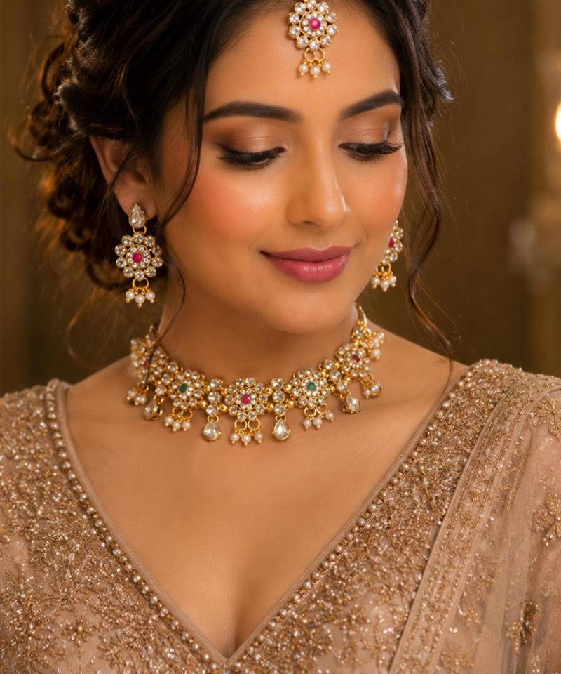 Maroon, green, and white agate stone necklace set with earrings and maang tikka (gold plated)