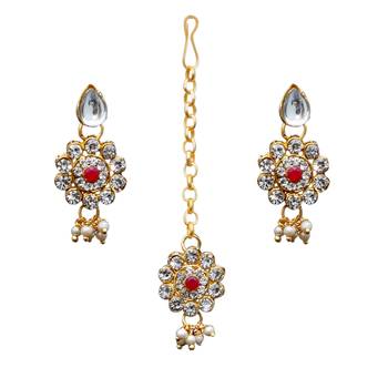 Maroon, green, and white agate stone necklace set with earrings and maang tikka (gold plated) 4