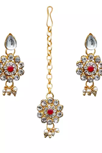 Maroon, green, and white agate stone necklace set with earrings and maang tikka (gold plated)