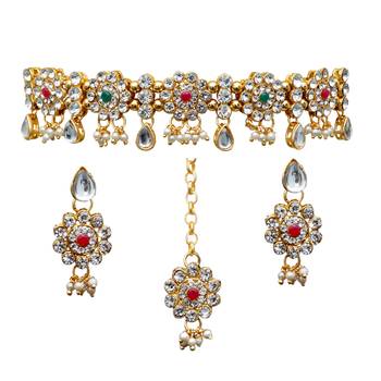 Maroon, green, and white agate stone necklace set with earrings and maang tikka (gold plated) 5